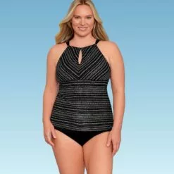 Women's Slimming Control Keyhole High Neck Tankini Top - Dreamsuit by Miracle Brands Black Multi -Swimsuits Popular Store unnamed file 10095