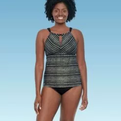 Women's Slimming Control Keyhole High Neck Tankini Top - Dreamsuit by Miracle Brands Black Multi -Swimsuits Popular Store unnamed file 10098