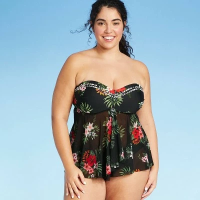 Women's Ladder Trim Flyaway Tankini Top - Kona Sol™ Black Tropical Print 4 Women's Ladder Trim Flyaway Tankini Top - Kona Sol™ Black Tropical Print - Image 2