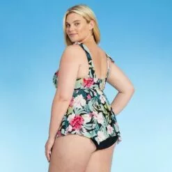 Women's Plus Size Plunge V-Neck Bow Sharkbite Tankini Top - Kona Sol™ Multi