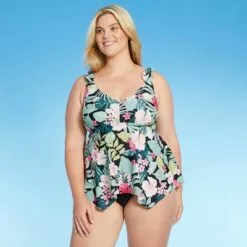 Women's Plus Size Plunge V-Neck Bow Sharkbite Tankini Top - Kona Sol™ Multi -Swimsuits Popular Store unnamed file 10232