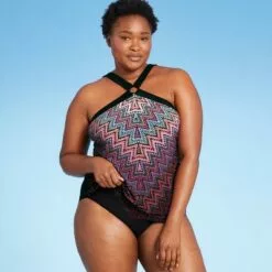 Women's High Neck Ring Tankini Top - Aqua Green® Black Multi -Swimsuits Popular Store unnamed file 10236