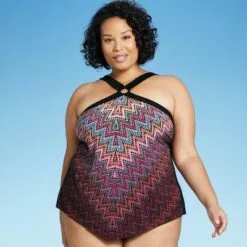 Women's High Neck Ring Tankini Top - Aqua Green® Black Multi -Swimsuits Popular Store unnamed file 10244