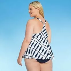 Women's Plus Size Flowy Racerback Tankini Top - Kona Sol™ Blue Shibori Print