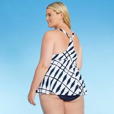 Women's Plus Size Flowy Racerback Tankini Top - Kona Sol™ Blue Shibori Print 3 Women's Plus Size Flowy Racerback Tankini Top - Kona Sol™ Blue Shibori Print