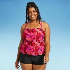 Women's Plus Size Square Neck Tankini Top - All in Motion™ Black & Pink Floral -Swimsuits Popular Store unnamed file 10411