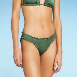 Juniors' Shiny Ribbed Ruffle Cheeky Bikini Bottom - Xhilaration™ Moss Green -Swimsuits Popular Store unnamed file 1374