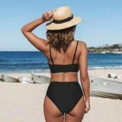 Women's Black Twist Bikini Sets Swimsuit High Waisted Bathing Suit-Cupshe
