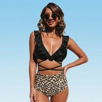 Women's High Waisted Bikini Set Swimsuit Black Leopard Falbala Bathing Suit-Cupshe 7 Women's High Waisted Bikini Set Swimsuit Black Leopard Falbala Bathing Suit-Cupshe - Image 5