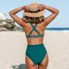 Women's High Waisted Bikini Set Swimsuit Teal Striped Crisscross Bathing Suits-Cupshe -Swimsuits Popular Store unnamed file 219