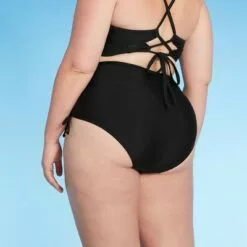 Women's Plus Size High Waist Side-Cinch Bikini Bottom - Kona Sol™ Black