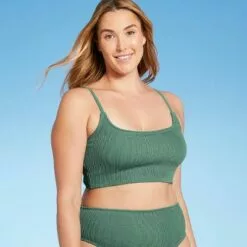 Women's Crinkle Textured Longline Bikini Top - Kona Sol™ Moss Green -Swimsuits Popular Store unnamed file 3298