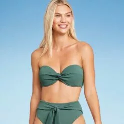 Women's Lightly Lined Twist-Front Crepe Textured Bandeau Bikini Top - Shade & Shore™ Cactus Green -Swimsuits Popular Store unnamed file 3324