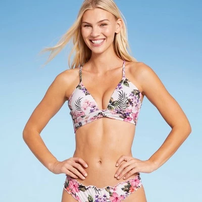 Women's Lightly Lined Twist-Front Plunge Bikini Top - Shade & Shore™ White Tropical Print 11 Women's Lightly Lined Twist-Front Plunge Bikini Top - Shade & Shore™ White Tropical Print - Image 9