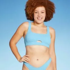 Juniors' Textured Cut Out Scoop Neck Bralette Bikini Top - Xhilaration™ Blue -Swimsuits Popular Store unnamed file 3523