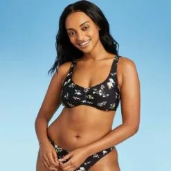 Juniors' Cinch-Front Bralette Bikini Top - Xhilaration™ Black Floral Print -Swimsuits Popular Store unnamed file 3602