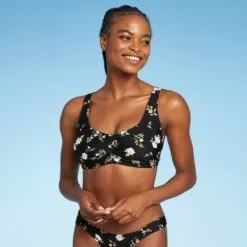 Juniors' Cinch-Front Bralette Bikini Top - Xhilaration™ Black Floral Print -Swimsuits Popular Store unnamed file 3611