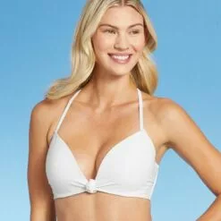 Women's Light Lift Knot-Front Foil Ribbed Bikini Top - Shade & Shore™ White -Swimsuits Popular Store unnamed file 3630
