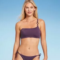 Women's Lightly Lined Ring Detail One Shoulder Bikini Top - Shade & Shore™ Dark Purple -Swimsuits Popular Store unnamed file 4112