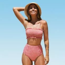 Women's Red Gingham Smocked Bikini - Cupshe -Swimsuits Popular Store unnamed file 413