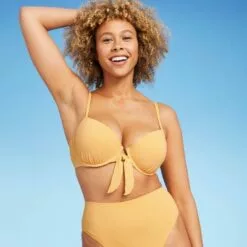 Women's Light Lift Tie-Front Pique Textured Bikini Top - Shade & Shore™ Light Yellow -Swimsuits Popular Store unnamed file 4139