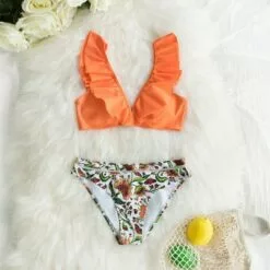 Women's Orange Ruffle Bikini with Floral Bottom - Cupshe