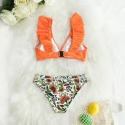 Women's Orange Ruffle Bikini with Floral Bottom - Cupshe -Swimsuits Popular Store unnamed file 416