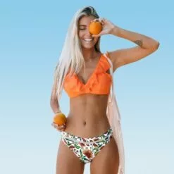 Women's Orange Ruffle Bikini with Floral Bottom - Cupshe -Swimsuits Popular Store unnamed file 420
