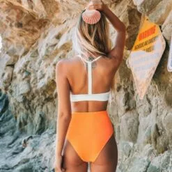 Women's Solid White Bikini with Orange High Waisted Bottom - Cupshe -Swimsuits Popular Store unnamed file 434