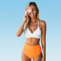 Women's Solid White Bikini with Orange High Waisted Bottom - Cupshe -Swimsuits Popular Store unnamed file 435