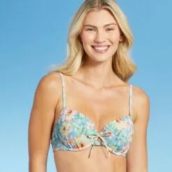Women's Lightly Lined Ruffle Detail Tie-Front Bikini Top - Shade & Shore™ Light Blue Floral -Swimsuits Popular Store unnamed file 4392