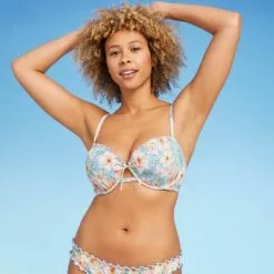 Women's Lightly Lined Ruffle Detail Tie-Front Bikini Top - Shade & Shore™ Light Blue Floral -Swimsuits Popular Store unnamed file 4393