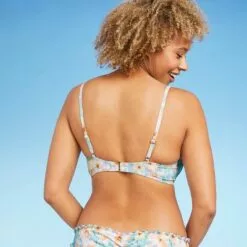Women's Lightly Lined Ruffle Detail Tie-Front Bikini Top - Shade & Shore™ Light Blue Floral -Swimsuits Popular Store unnamed file 4394