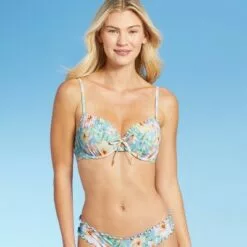 Women's Lightly Lined Ruffle Detail Tie-Front Bikini Top - Shade & Shore™ Light Blue Floral -Swimsuits Popular Store unnamed file 4397