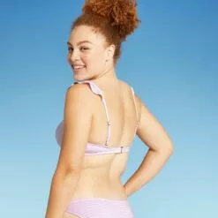 Juniors' Textured Ruffle Shoulder Bralette Bikini Top - Xhilaration™ Lavender Stripe -Swimsuits Popular Store unnamed file 4486