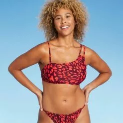 Women's Strappy One Shoulder Bikini Top - Shade & Shore™ Red Animal Print -Swimsuits Popular Store unnamed file 4520