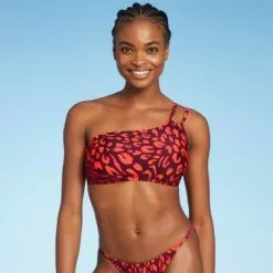 Women's Strappy One Shoulder Bikini Top - Shade & Shore™ Red Animal Print -Swimsuits Popular Store unnamed file 4529