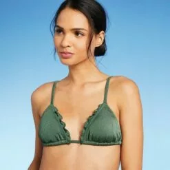 Juniors' Shiny Ribbed Ruffle Triangle Bikini Top - Xhilaration™ Moss Green -Swimsuits Popular Store unnamed file 4531
