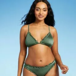 Juniors' Shiny Ribbed Ruffle Triangle Bikini Top - Xhilaration™ Moss Green -Swimsuits Popular Store unnamed file 4532