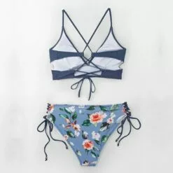 Women's Blue And Floral Lace Up Mid Rise Bikini - Cupshe -Swimsuits Popular Store unnamed file 459