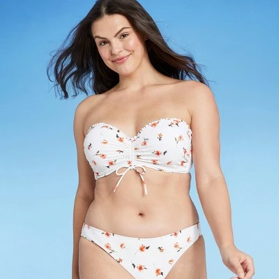 Women's Lightly Lined Ruffle Detail Cinch-Front Bandeau Bikini Top - Shade & Shore™ White Floral Print 5 Women's Lightly Lined Ruffle Detail Cinch-Front Bandeau Bikini Top - Shade & Shore™ White Floral Print - Image 3