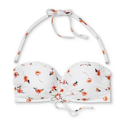 Women's Lightly Lined Ruffle Detail Cinch-Front Bandeau Bikini Top - Shade & Shore™ White Floral Print 7 Women's Lightly Lined Ruffle Detail Cinch-Front Bandeau Bikini Top - Shade & Shore™ White Floral Print - Image 5