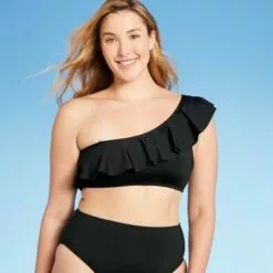 Women's One Shoulder Flounce Bikini Top - Kona Sol™ Black -Swimsuits Popular Store unnamed file 4692