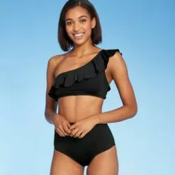 Women's One Shoulder Flounce Bikini Top - Kona Sol™ Black -Swimsuits Popular Store unnamed file 4699