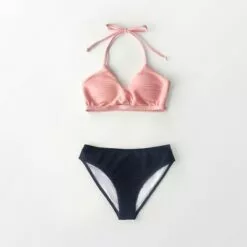 Women's Textured Pink and Navy Twist Keyhole Halter Bikini - Cupshe