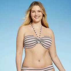 Women's Lightly Lined Halter Pique Textured Bandeau Bikini Top - Shade & Shore™ Black & White Stripe -Swimsuits Popular Store unnamed file 4813