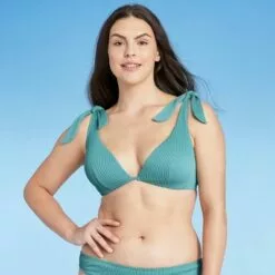 Women's Lightly Lined Ribbed Shoulder-Tie Triangle Bikini Top - Shade & Shore™ Light Teal -Swimsuits Popular Store unnamed file 4918