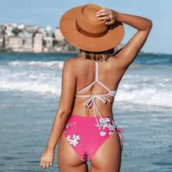 Women's Light Purple and Floral Braided Back Shirring Bikini - Cupshe