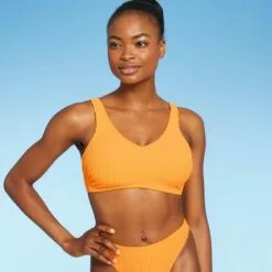 Juniors' Textured Terry V-Neck Bralette Bikini Top - Xhilaration™ Hot Citrus Orange -Swimsuits Popular Store unnamed file 5089