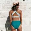 Women's Teal Solid and Striped knotted Front High Waisted Bikini - Cupshe -Swimsuits Popular Store unnamed file 514
